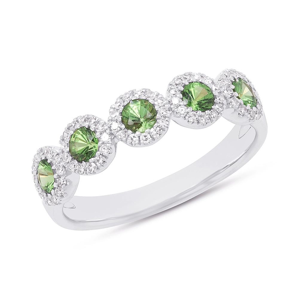 14K White Gold 5-Halo Band with Diamonds and Green Garnets