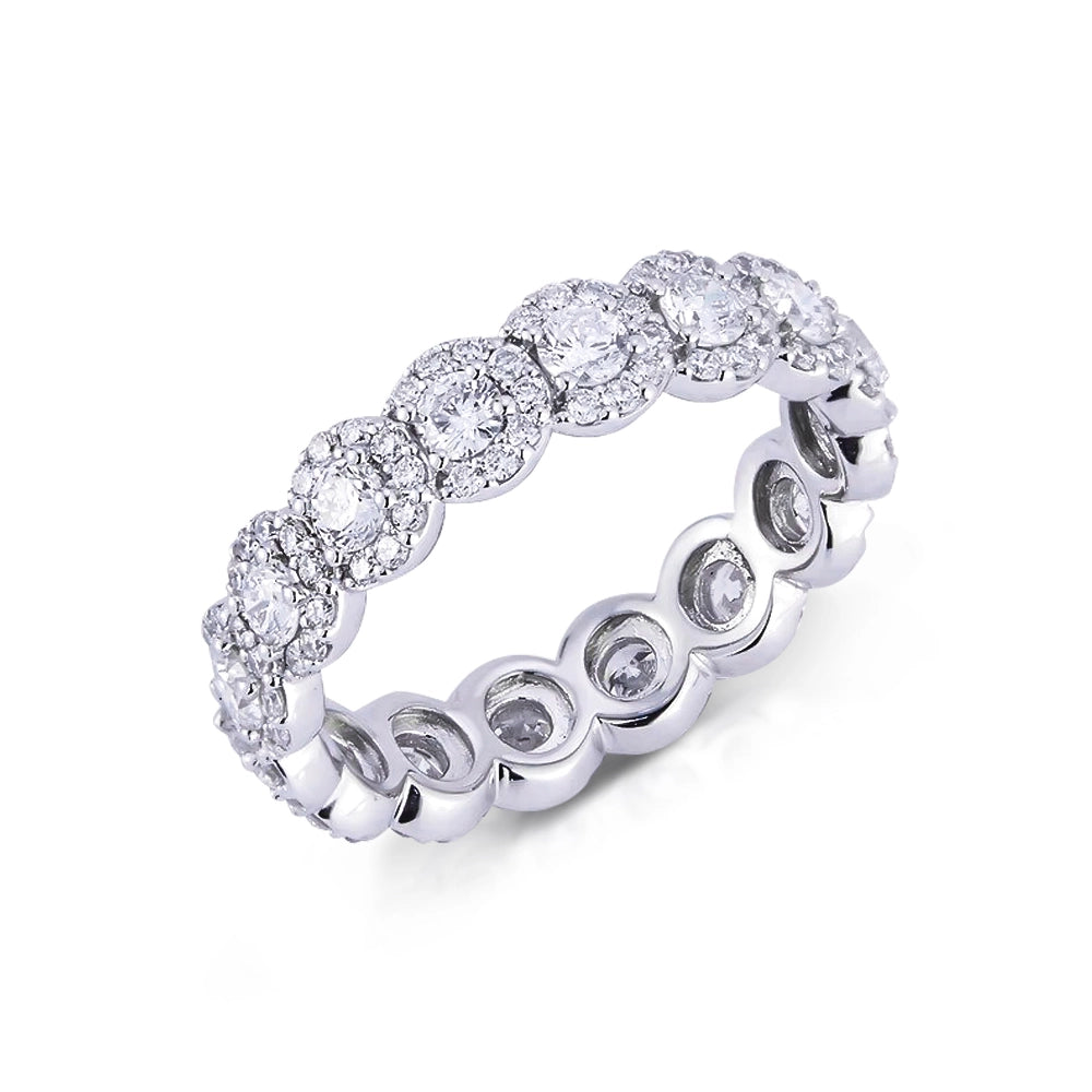 14K White Gold Diamond Eternity Band, Round Halos