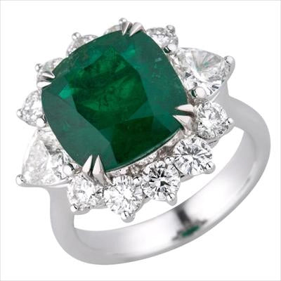 18K White Gold Emerald Ring, Flower Design, Two Heart Diamonds