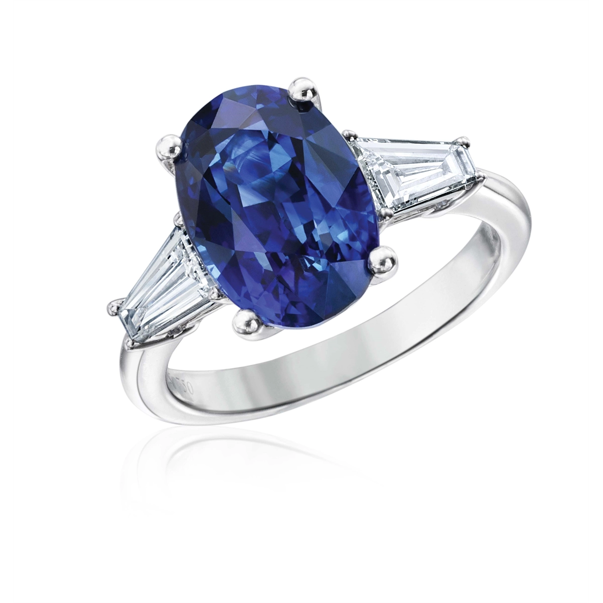 18K White Gold Oval Sapphire Ring with Tapered Baguette Diamonds