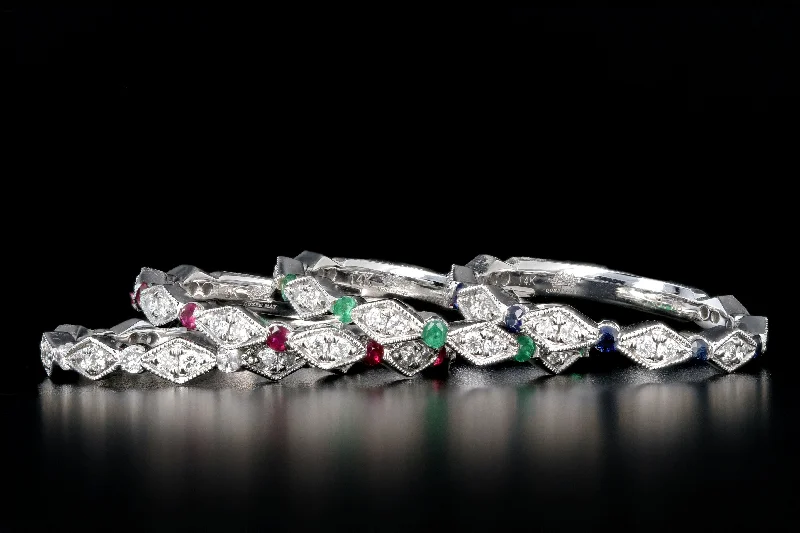 14K White Gold Diamond and Emerald, Ruby or Sapphire Half Eternity Band