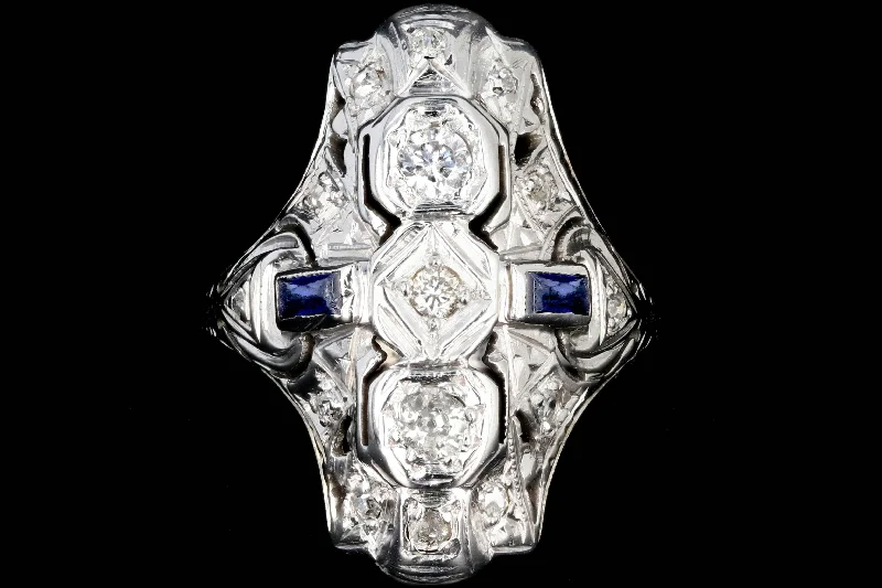 Art Deco 18k White Gold .20 Carat Old European Cut Diamond and Sapphire Shield Style Ring