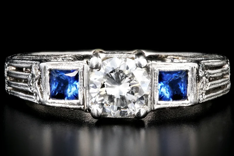 Art Deco Inspired 18K White Gold .50 Carat Diamond and Sapphire Ring