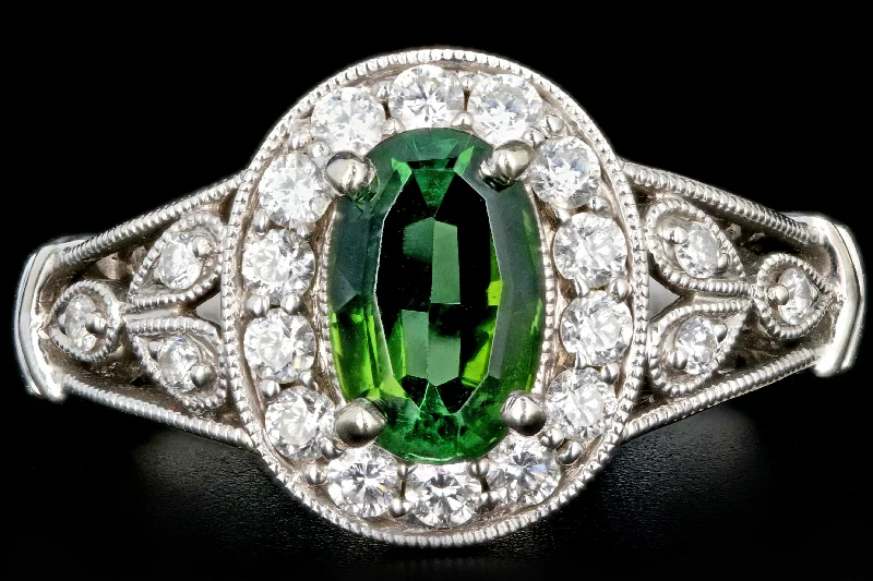 Modern 14K White Gold 1.20CT Green Tourmaline and Diamond Ring