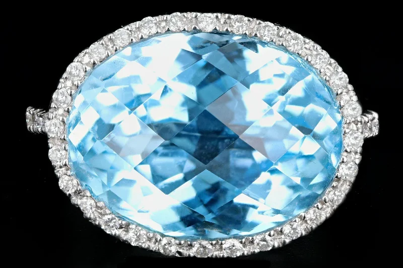 Modern 14K White Gold 13 Carat Blue Topaz and Diamond Ring