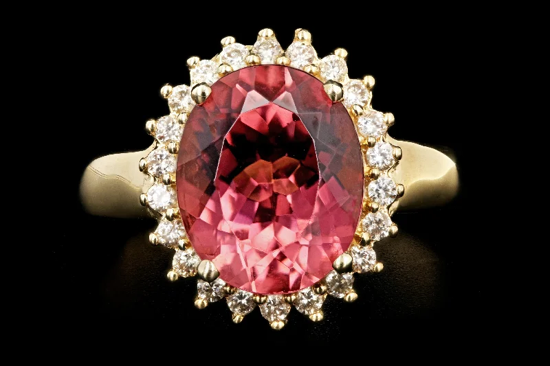 Modern 14K Yellow Gold 3.5 Carat Pink Tourmaline Diamond Halo Ring