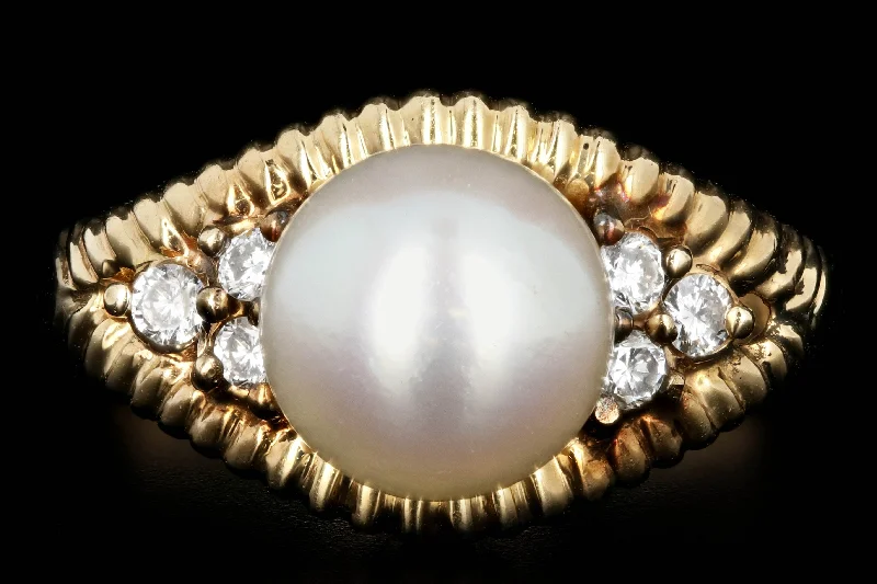 Modern 14K Yellow Gold 8mm Pearl and Diamond Ring