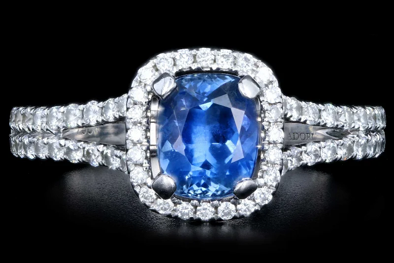 Modern 18K White Gold 1.25 Natural Sapphire and Diamond Halo Ring