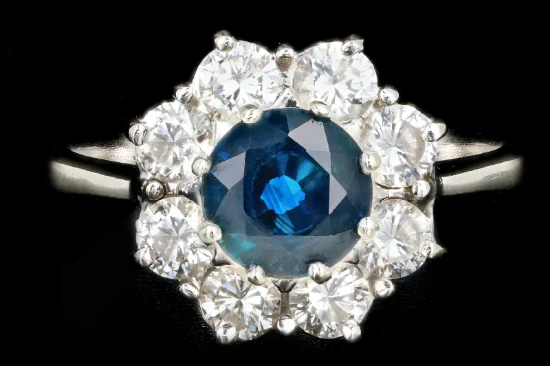 Modern 18K White Gold Natural Sapphire and Diamond Halo Ring