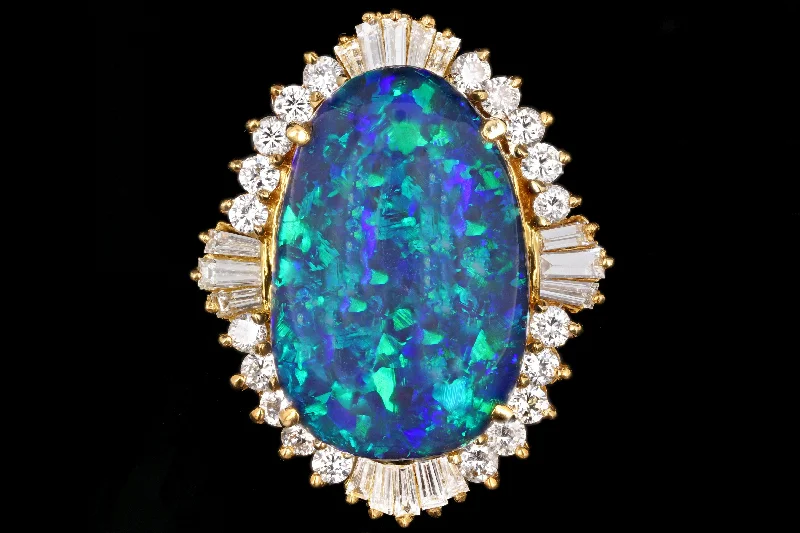 Modern 18K Yellow Gold 20 Carat Black Opal and Diamond Cocktail Ring