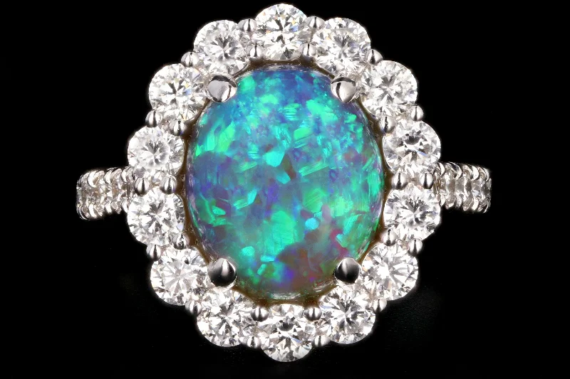 New 14K 2.98 Carat Opal and Diamond Halo Ring