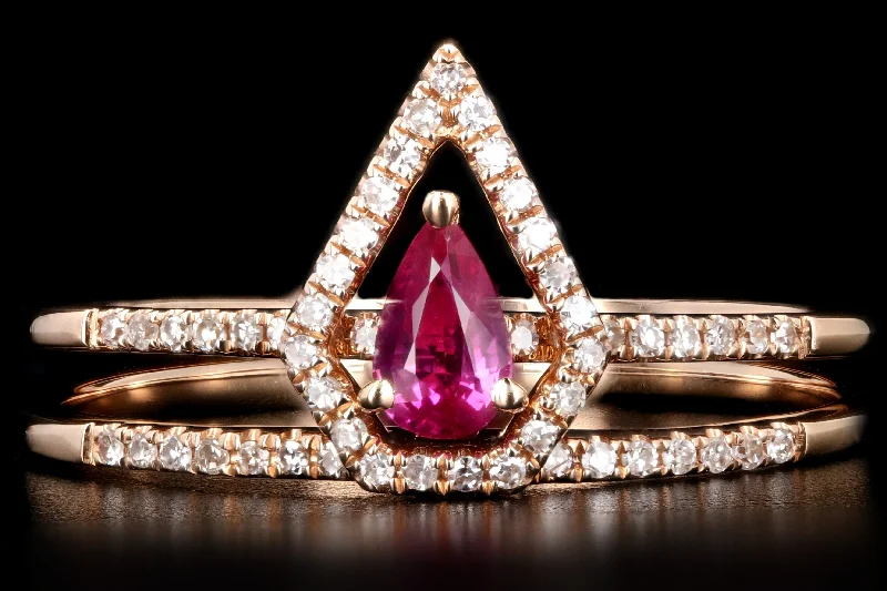 New 14K Rose Gold Pear Shaped Natural Ruby and Diamond Stack Ring Set