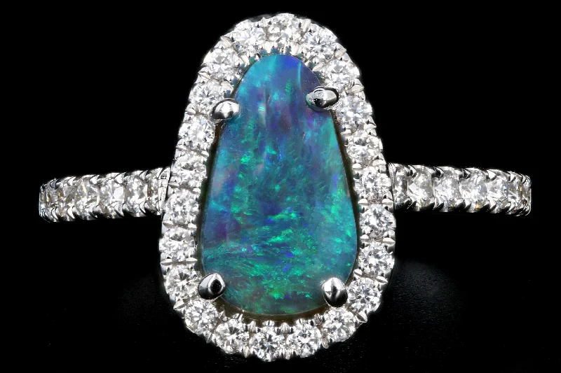 New 14K White Gold 1.11 Carat Oval Cut Black Opal and Diamond Ring