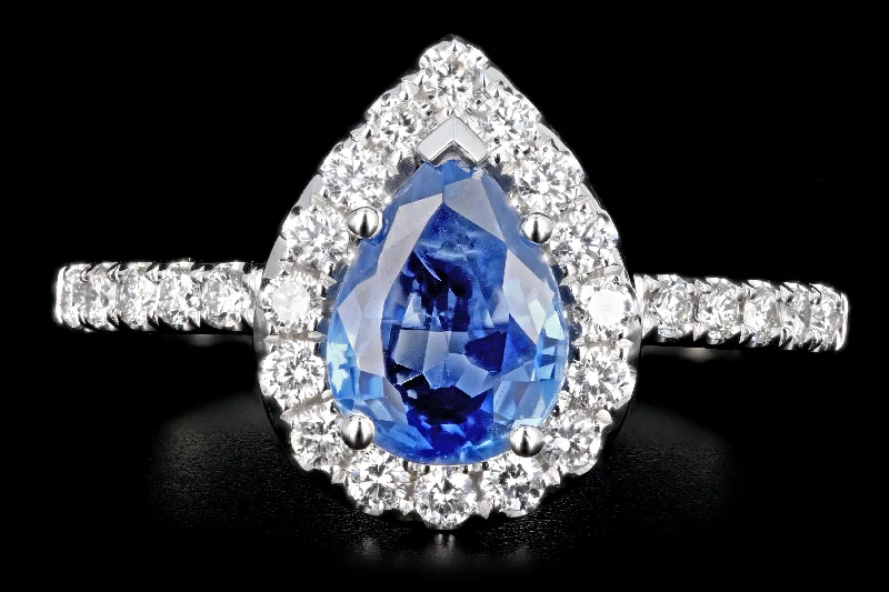 New 14K White Gold 1.42 Pear Shaped Natural Sapphire and Diamond Halo Ring