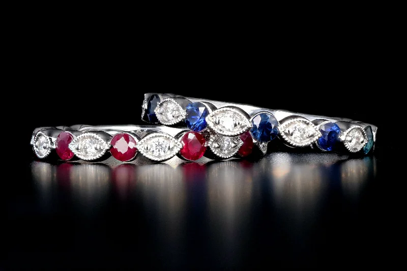 New 14K White Gold Diamond Accented Emerald, Sapphire or Ruby Band