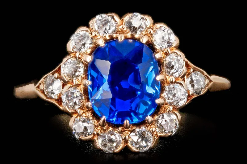 Rare Victorian 14K Rose Gold 1.1 Carat Kashmir Cushion Cut Sapphire and Old Mine Cut Diamond Ring AGL Certified