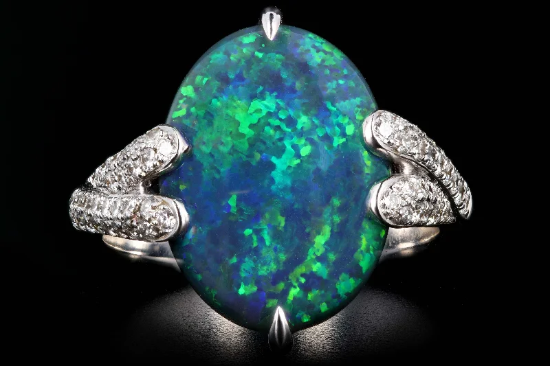 Retro 18K White Gold 5.51 Carat Black Opal and Diamond Ring