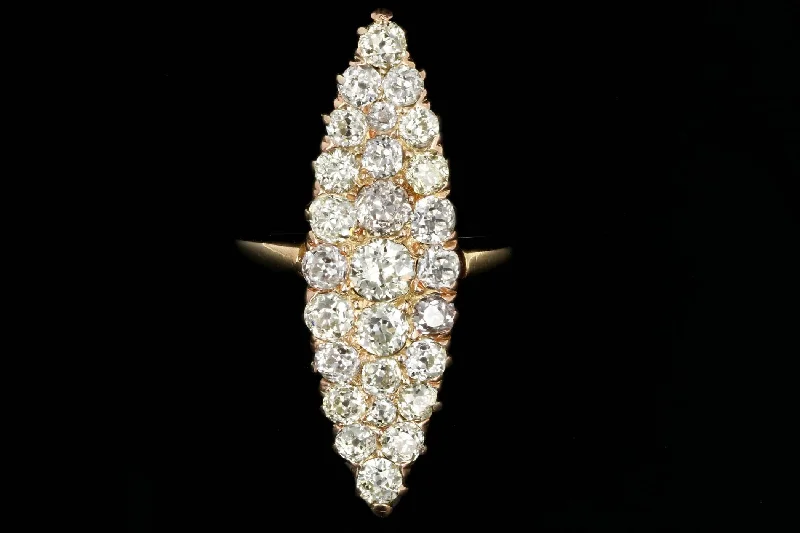 Victorian 18K Yellow Gold 4 Carat Total Weight Old Cut Diamond Navette Ring