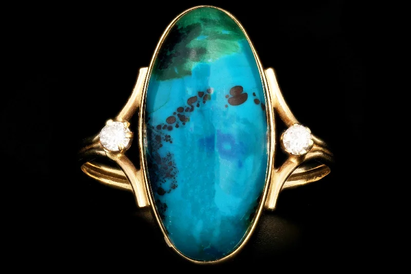 Vintage 14K Yellow Gold Chrysocolla and Diamond Ring