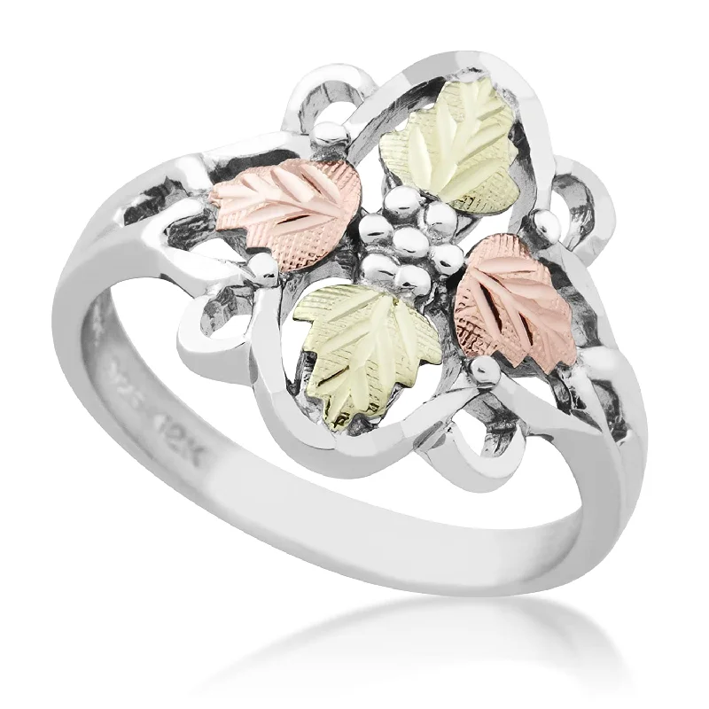 Ave 369 Diamond-Cut Quatrefoil with Leaves Ring, Sterling Silver, 12k Green and Rose Gold Black Hills Gold Motif