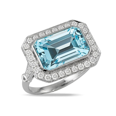 Doves 18K White Gold Blue Topaz and Diamond East/West Ring