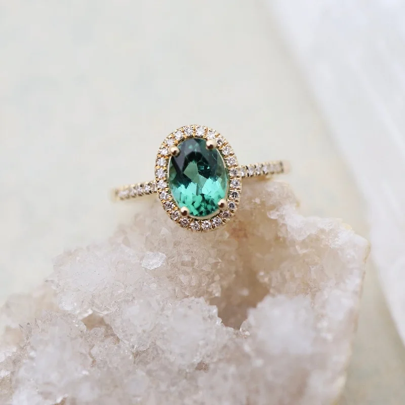 Oval Green Tourmaline with White Diamond Halo Ring