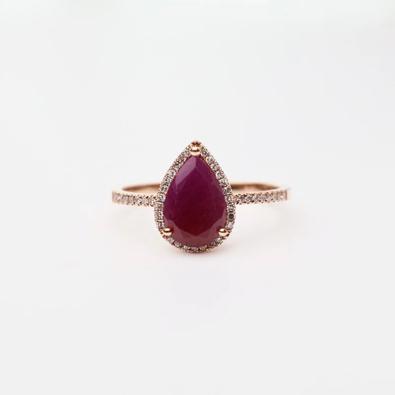 Drop Shape Ruby with White Diamond Halo & Shoulders Ring