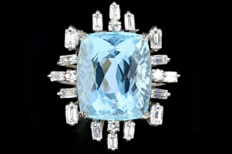 Retro 18K White Gold 6.5 Carat Aquamarine and Diamond Ring