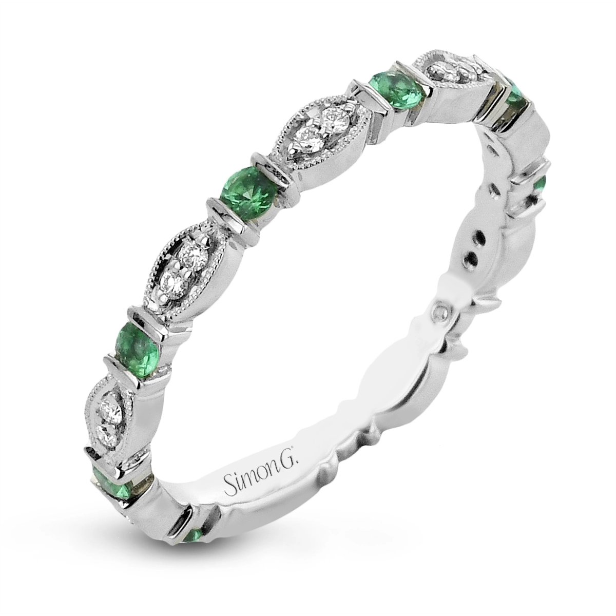 Simon G 18K White Gold Diamond and Emerald Band