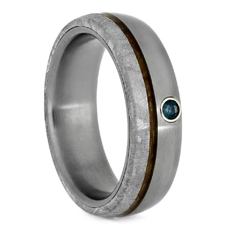 The Men's Jewelry Store (Unisex Jewelry) Alexandrite, Meteorite, Whiskey Barrel Oak Wood 7mm Matte Comfort-Fit Titanium Band, Size 11