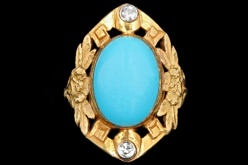 Vintage 14K Yellow Gold Turquoise and Single Cut Diamond Ring